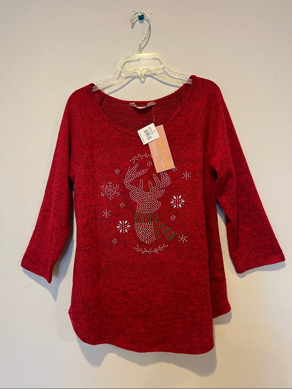 AMANA Petite Size S Holiday Red 3/4 Sleeves Sweater/Top Festive Reindeer Head